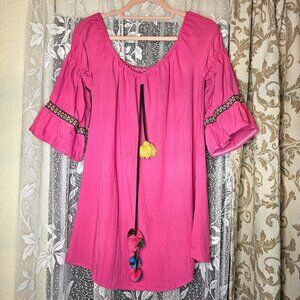 LBO Off-The-Shoulder Circus Tassel Pom-Pom Top Tunic Cover Up Dress, OS